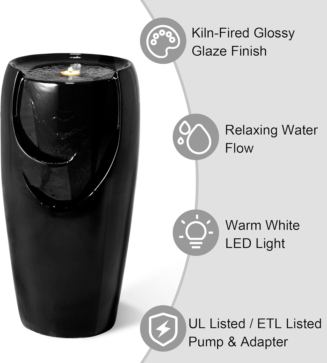 Glitzhome 29.25" H Oversized Ceramic Vase Outdoor Water Fountain Tall Patio Garden Water Fountain with LED Light and Submersible Pump Yard Art Decor, Black, 29.25”H