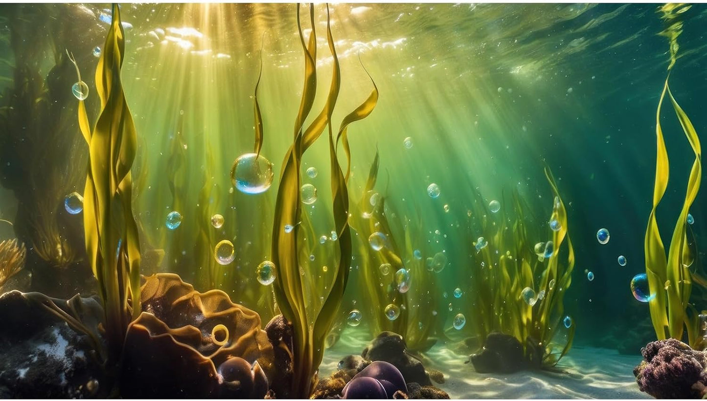 Aquarium Background Underwater Beautiful Coral Reef with Seaweed Bubbles Terrarium Backdrop Aquatic Plants Sunlight Rays Fish Tank Background Tank Aquarium Wallpaper Poster Decor Vinyl 36x20in