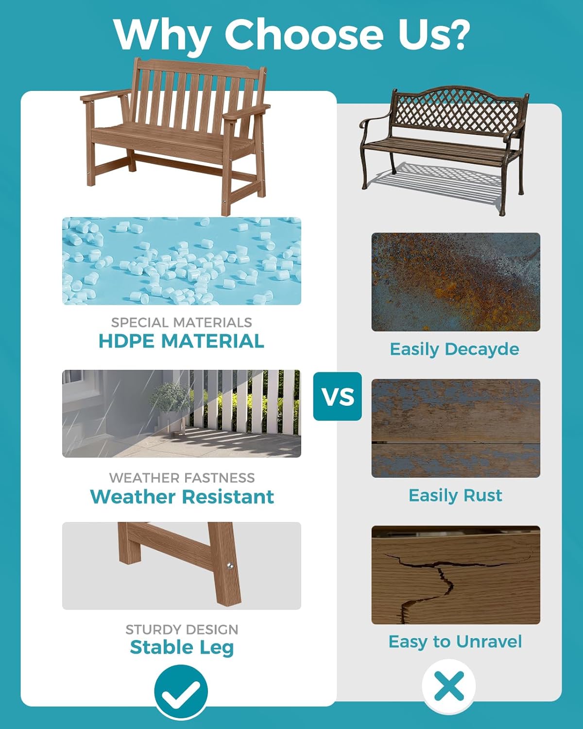 Outdoor Bench, 2-Person HDPE Garden Bench, All Weather Poly Patio Bench for Outdoors, Garden, Backyard, Porch and Park, 660 lbs Weight Capacity, Teak