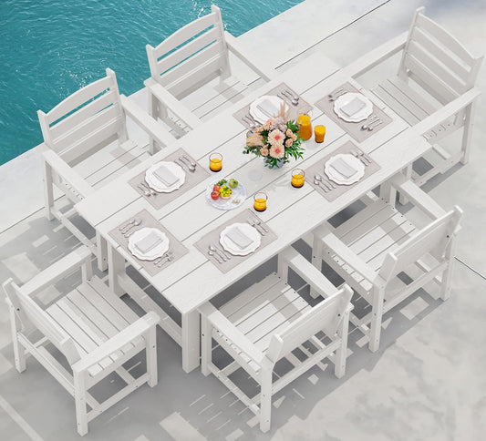 SERWALL 7-Piece Patio Dining Table Sets, Outdoor HDPE Dining Furniture Set with Umbrella Hole Cut-Out Table and 6 Chairs, White