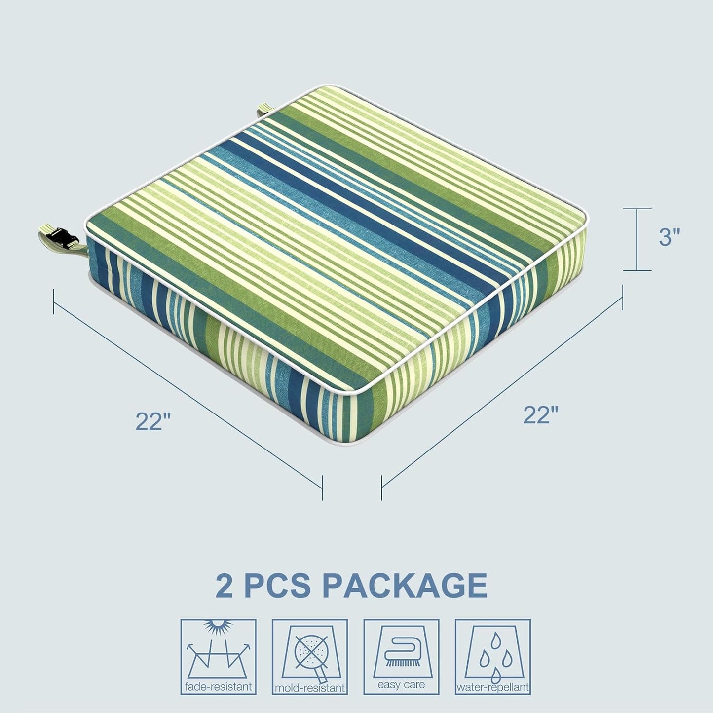 LVTXIII Patio Chair Cushions 22"x22"x3", Water-Repellent Outdoor Seat Cushions for Patio Furniture, Square Chair Pads with Ties for Home Garden Decoration, Set of 2, Stripe Blue Green