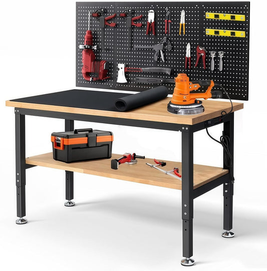 Work Table for Garage 60 x 22 Inch Adjustable Height Workbench Heavy Duty Rubberwood Tabletop Work Bench with Power Outlets Pegboard Pad for Woodworking Shop, Home, Office