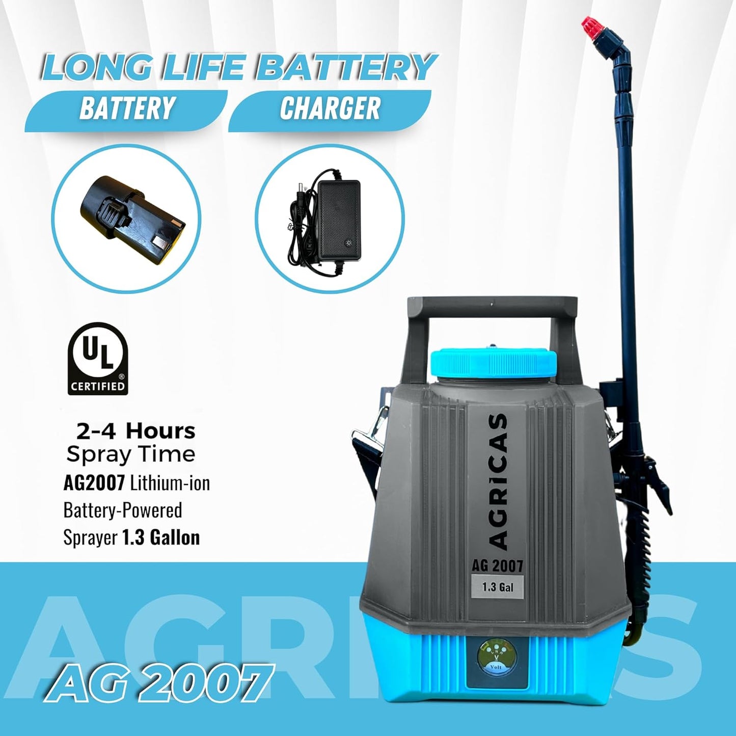 Battery Powered Sprayer 1.3 Gallon, Electric Lawn and Garden Sprayer for Weed/Pest Control, Lithium-Ion Battery, Adjustable Nozzle, Shoulder Strap, High-Pressure Hose