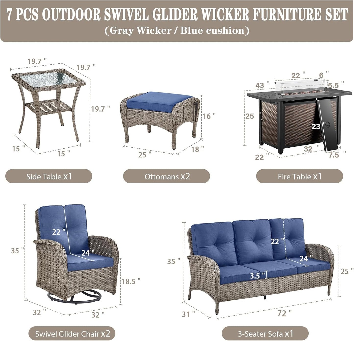 8 Piece Patio Furniture Set with 50000 BTU Propane Fire Pit Table, Outdoor Conversation Set with 2 Swivel Rocker Chairs Wicker Sofa and Ottomans for Casual Gatherings Gray