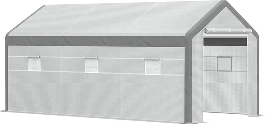 Outsunny 20' x 10' x 9' Walk-in Greenhouse, Outdoor Garden Warm Hot House with 6 Roll-up Windows, 2 Zippered Doors and Weather Cover, White