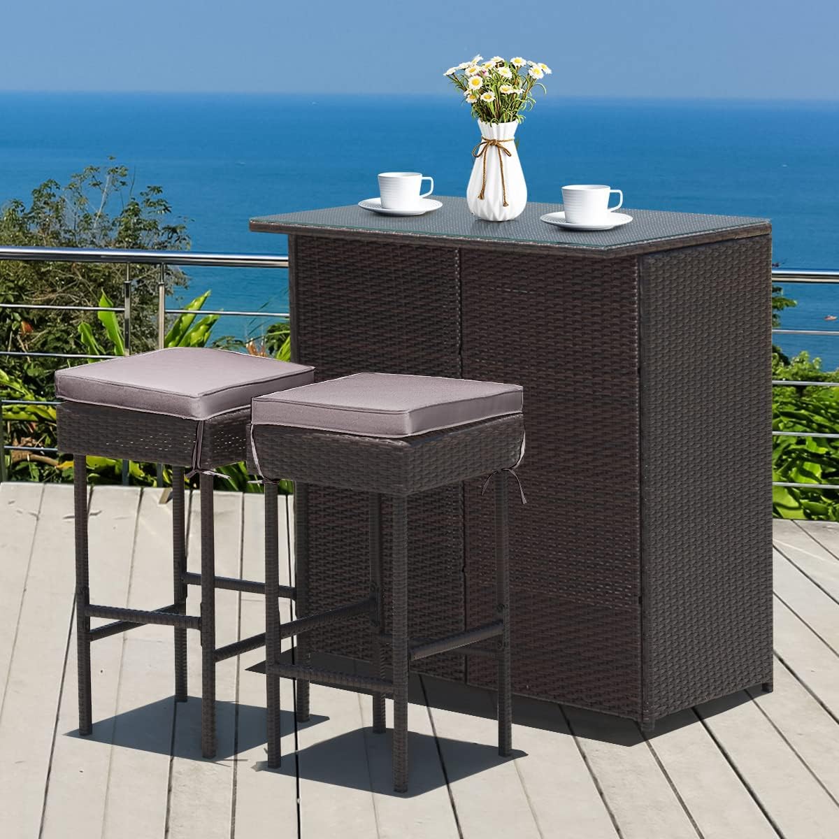 Tangkula Patio Bar Set, 3 Piece Outdoor Rattan Wicker Bar Set with 2 Cushions Stools & Glass Top Table, Gray & Off White Cover, Outdoor Furniture Set for Patio Backyard Porch Garden Poolside