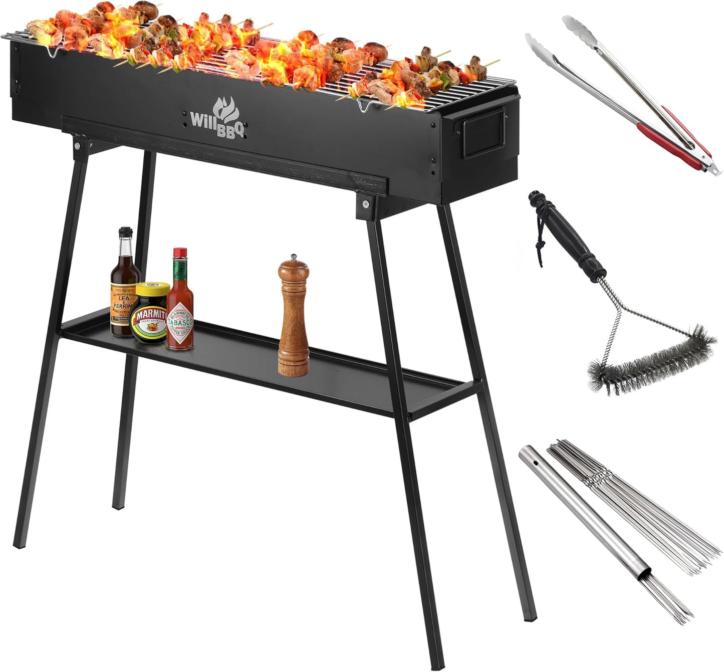 Charcoal Grills Commercial Quality Portable Multiple Size Hibachi BBQ Lamb Skewer Folded Camping Barbecue Grill for Backyard Party Picnic Use(31.6x7.1x5.1 inch With Accessories),BLACK