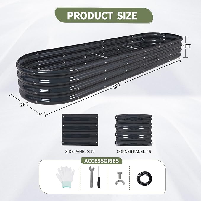 Galvanized Raised Garden Bed Outdoor- Raised Beds for Gardening| Metal Planter Box, Steel Raised Garden Bed Kit with Safety Edging and Gloves for Vegetables, Flower, Herbs (8x2x1FT, Gray)