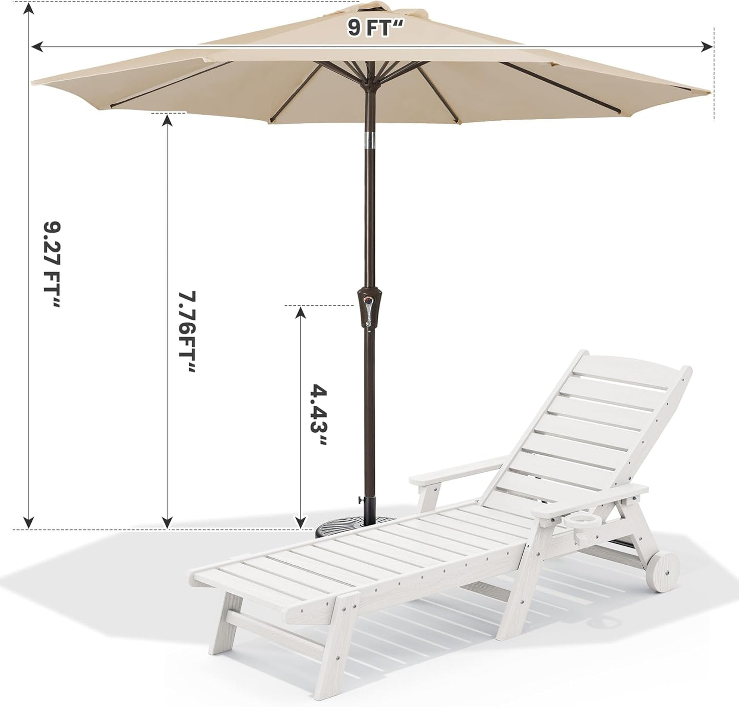 SERWALL Patio Chaise Lounge Chair Set of 2 with 9FT Patio Umbrella, 78'' HDPE Outdoor Lounger, Poly Lounge Chair with Rolling Wheels & Cup Holder for Pool,Light White (Umbreall Base not Included)
