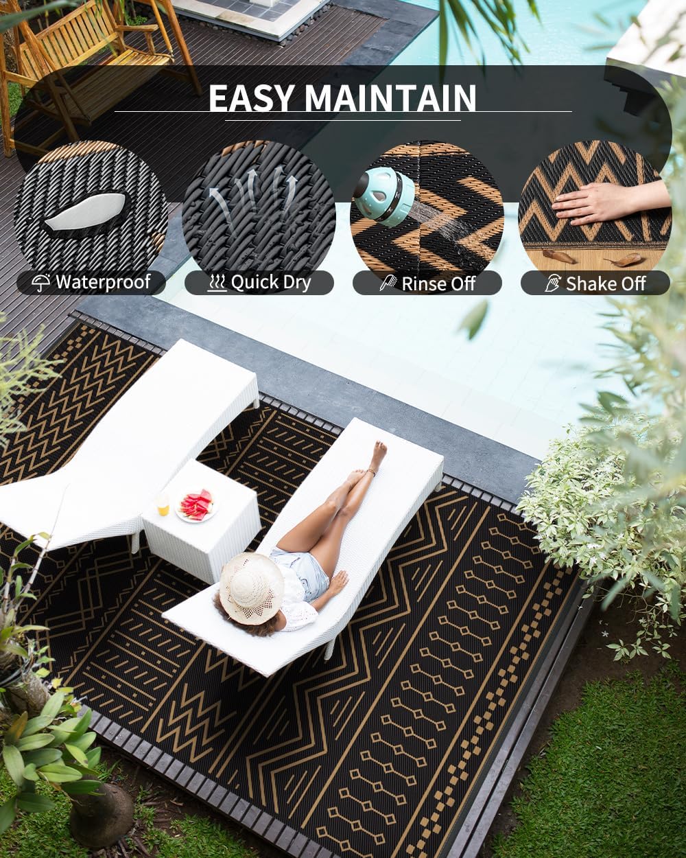 Outdoor Rug Carpet Waterproof 6x9 ft Patio Rug Mat Indoor Outdoor Area Rug for RV Camping Picnic Reversible Lightweight Plastic Straw Outside Rug for Patio Decor Decoration Boho Rug Black Brown