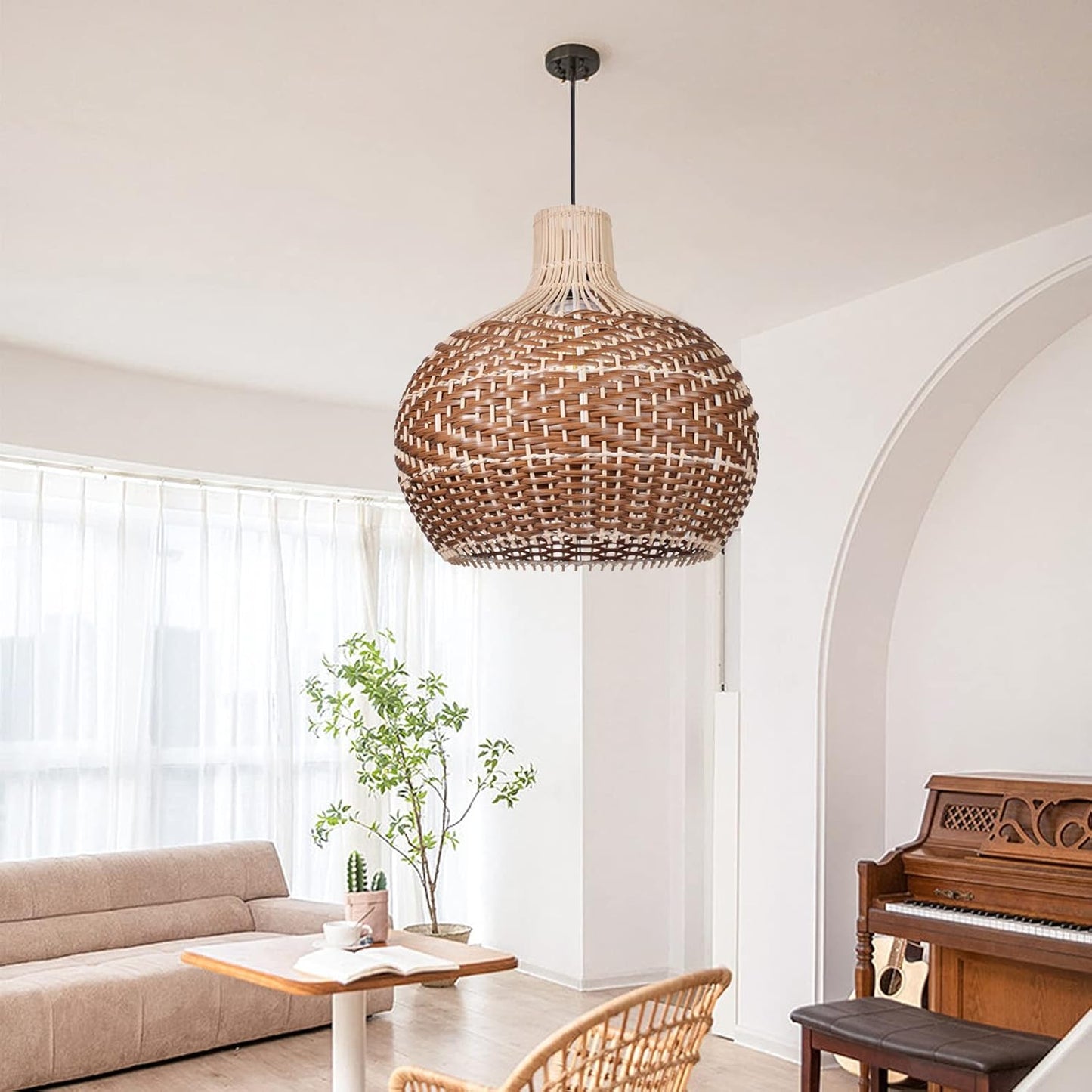 Arturesthome Rattan Pendant Lights, Wicker Chandelier Boho Basket Lighting Fixture, Natural Woven Hanging Lamp for Kitchen Island Sink Coffee