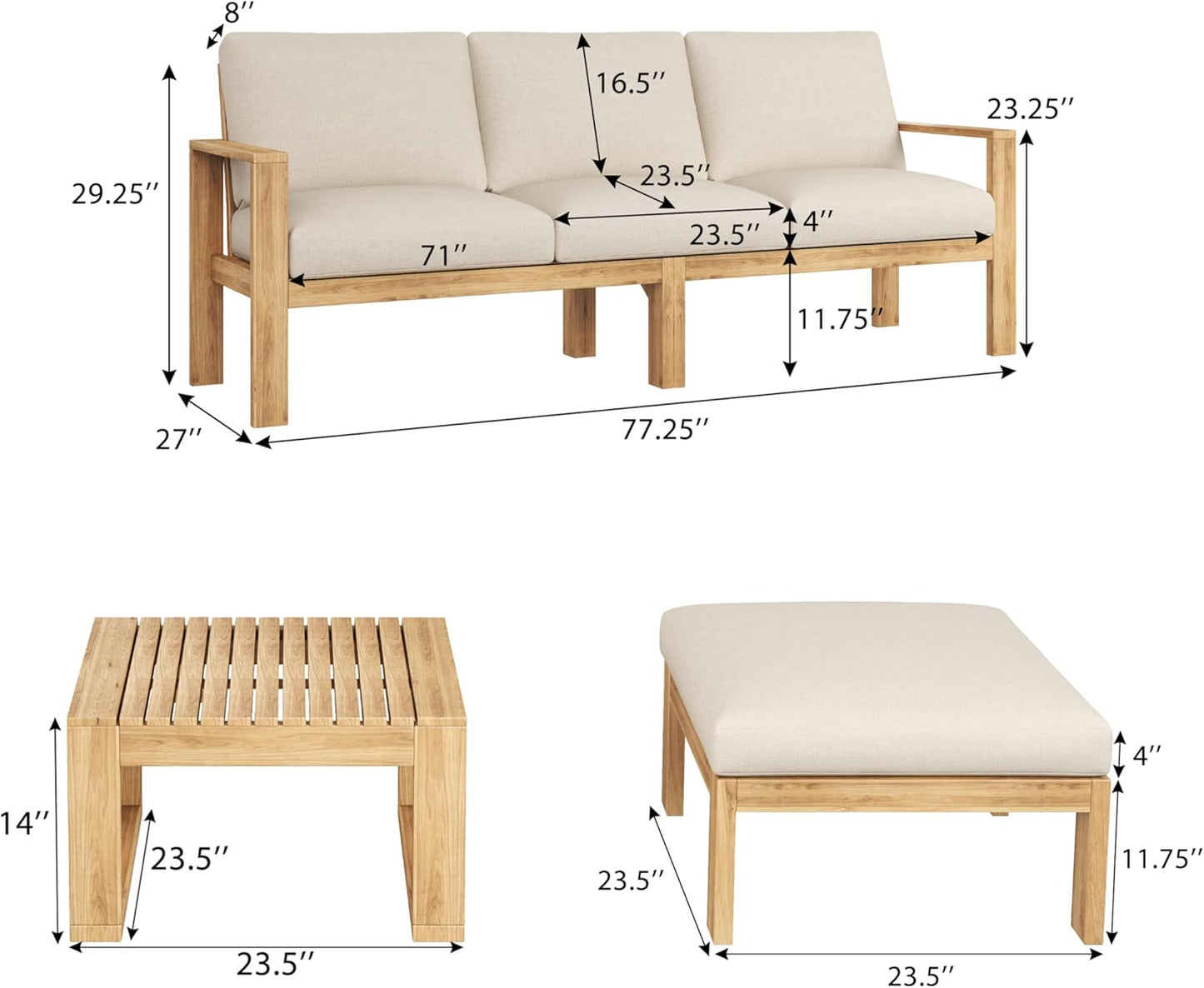 Acacia Wood Sectional Patio Furniture Set, Outdoor 3 Pieces Conversation Set with Acacia Wood Coffee Table for Backyard Porch Garden Balcony