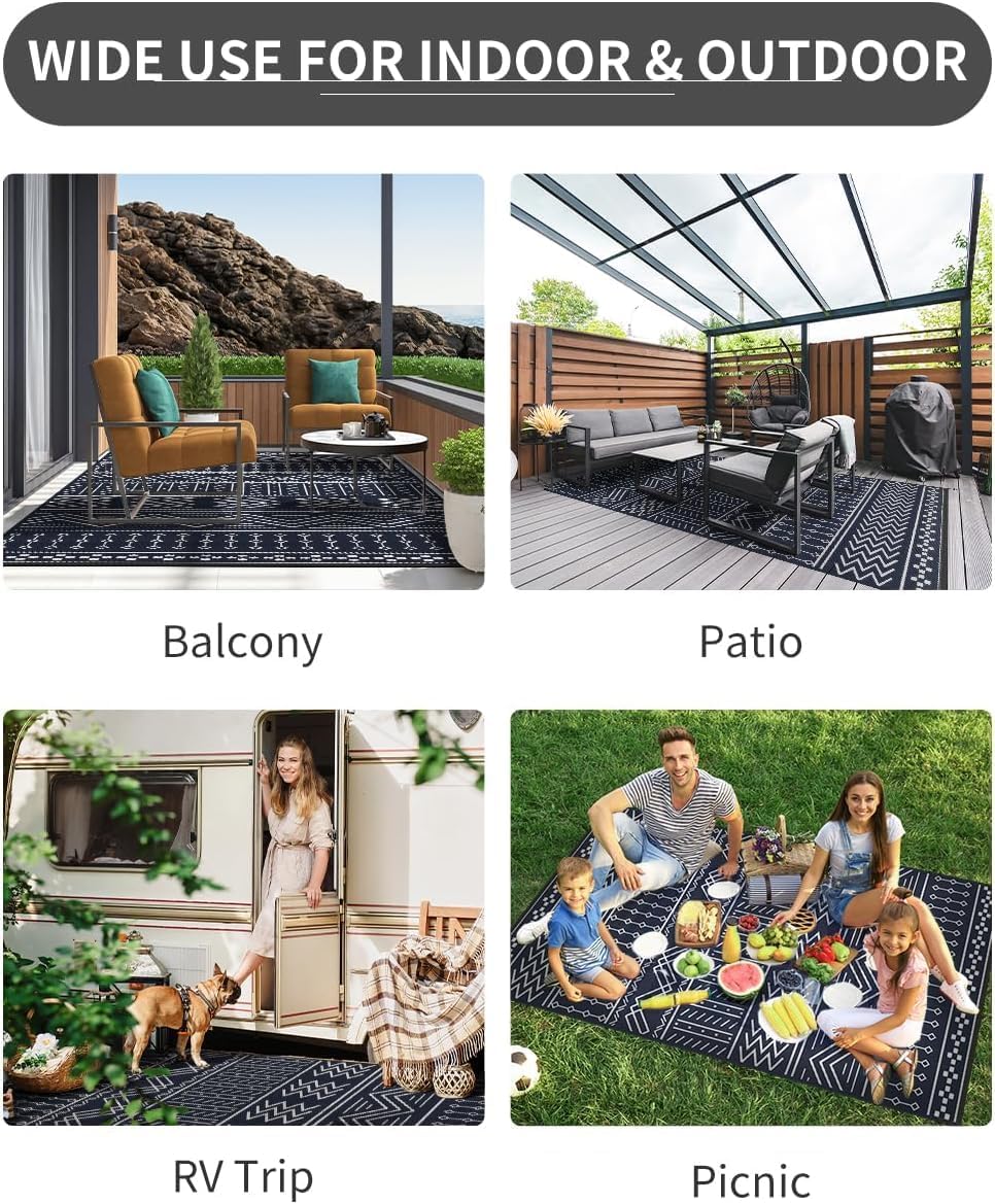 COCOER Outdoor Rug Carpet Waterproof 9x12 ft Patio Rug Mat Indoor Outdoor Area Rug for RV Camping Picnic Reversible Lightweight Plastic Straw Outside Rug for Patio Decor Decoration Boho Rug