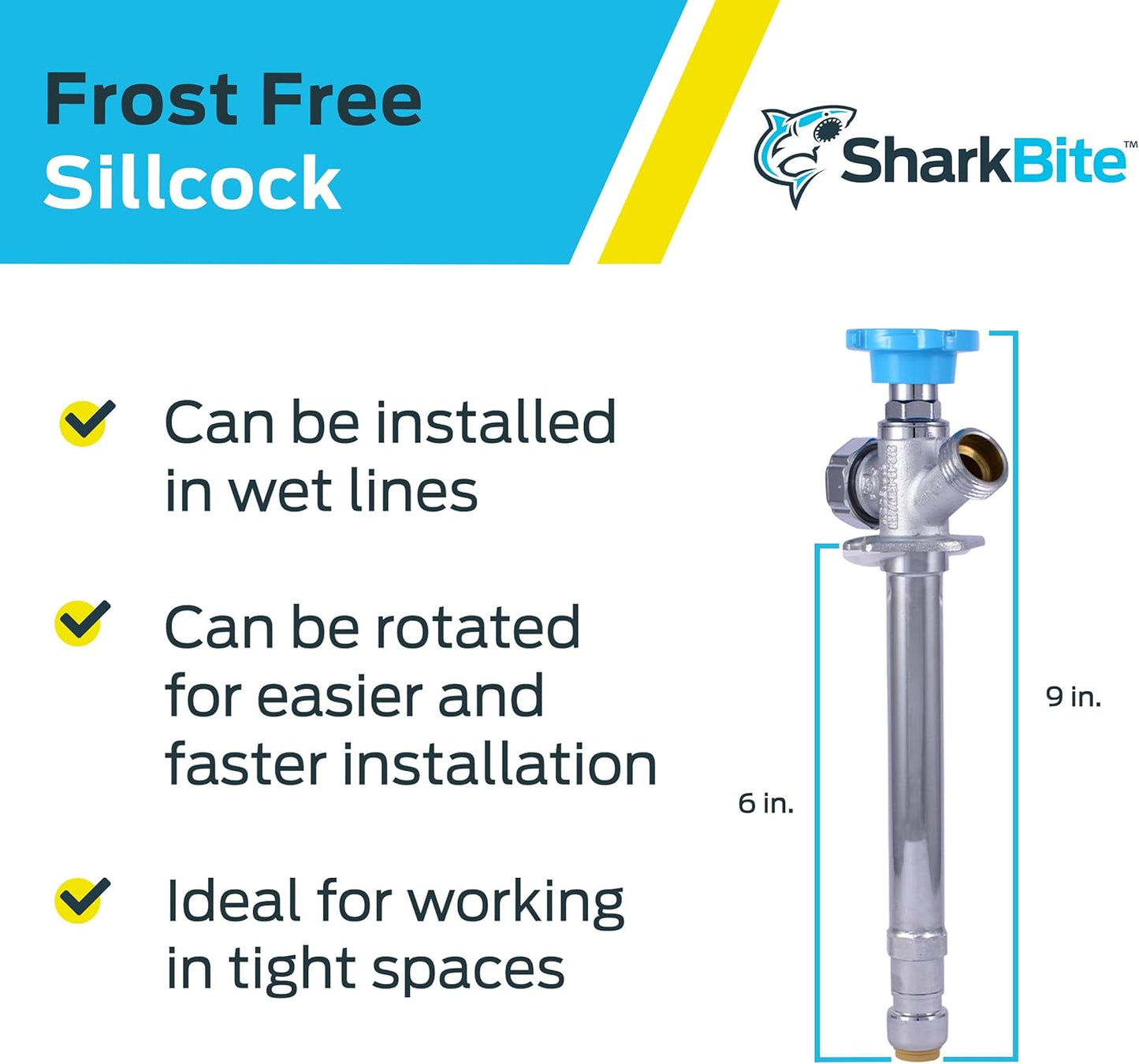 SharkBite 6 Inch Frost Free Sillcock, 1/2 x 3/4 Inch MHT, Push to Connect Brass Plumbing Fitting, PEX Pipe, Copper, CPVC, PE-RT, HDPE, 25744LF