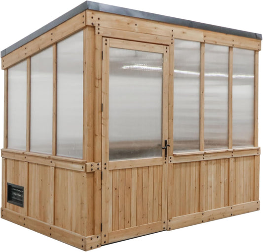 Backyard Discovery Willow 9' x 6' Cedar Wood and Polycarbonate Walk-in Greenhouse Kit with Exhaust Fan, Windows, Hose Hook-Ups, PowerPort, Staging Shelves for Year-Round Outdoor Gardening