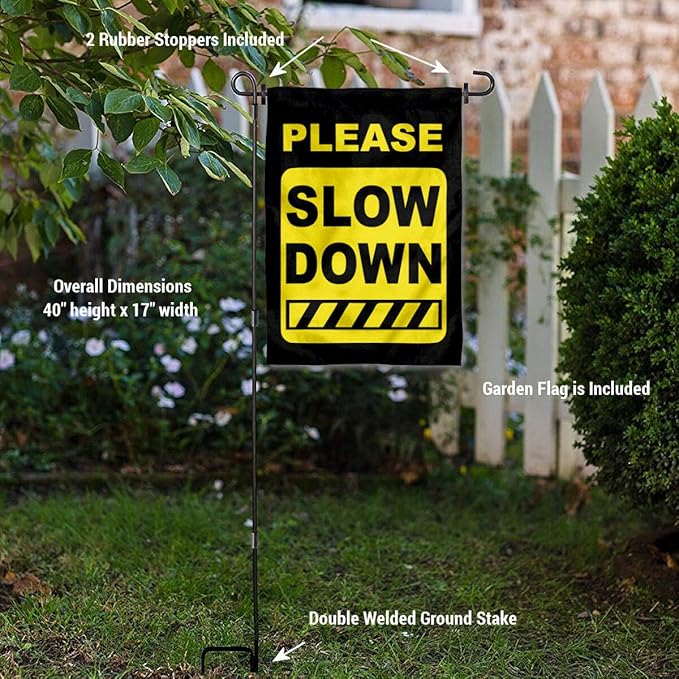 College Flags & Banners Co. Please Slow Down Speeding Sign Garden Flag with Pole Stand Holder