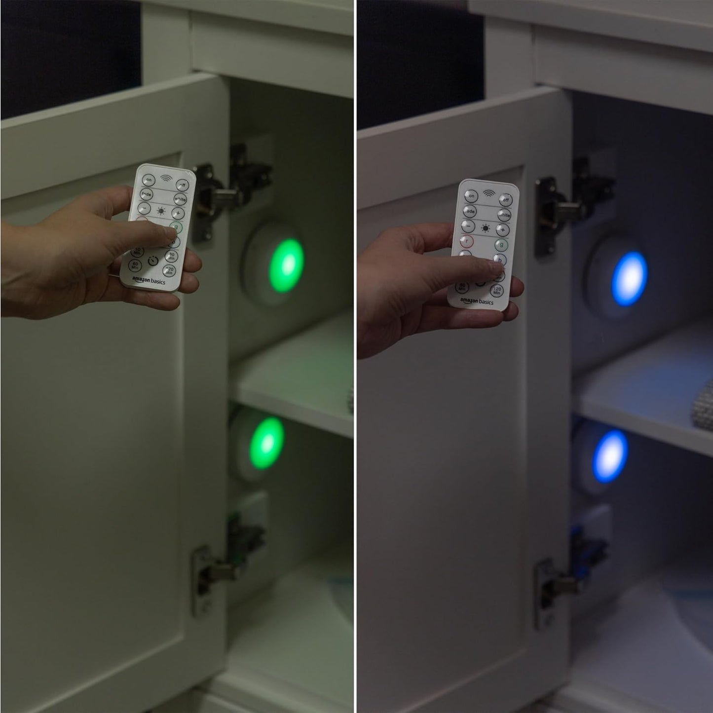 Amazon Basics LED Puck Lights, Color Changing, Battery Operated, IR Remote, 40 Lumens, 2 Pack, Wireless Stick on Lights, Under Cabinet Lighting, Ideal for Closets, and More, White