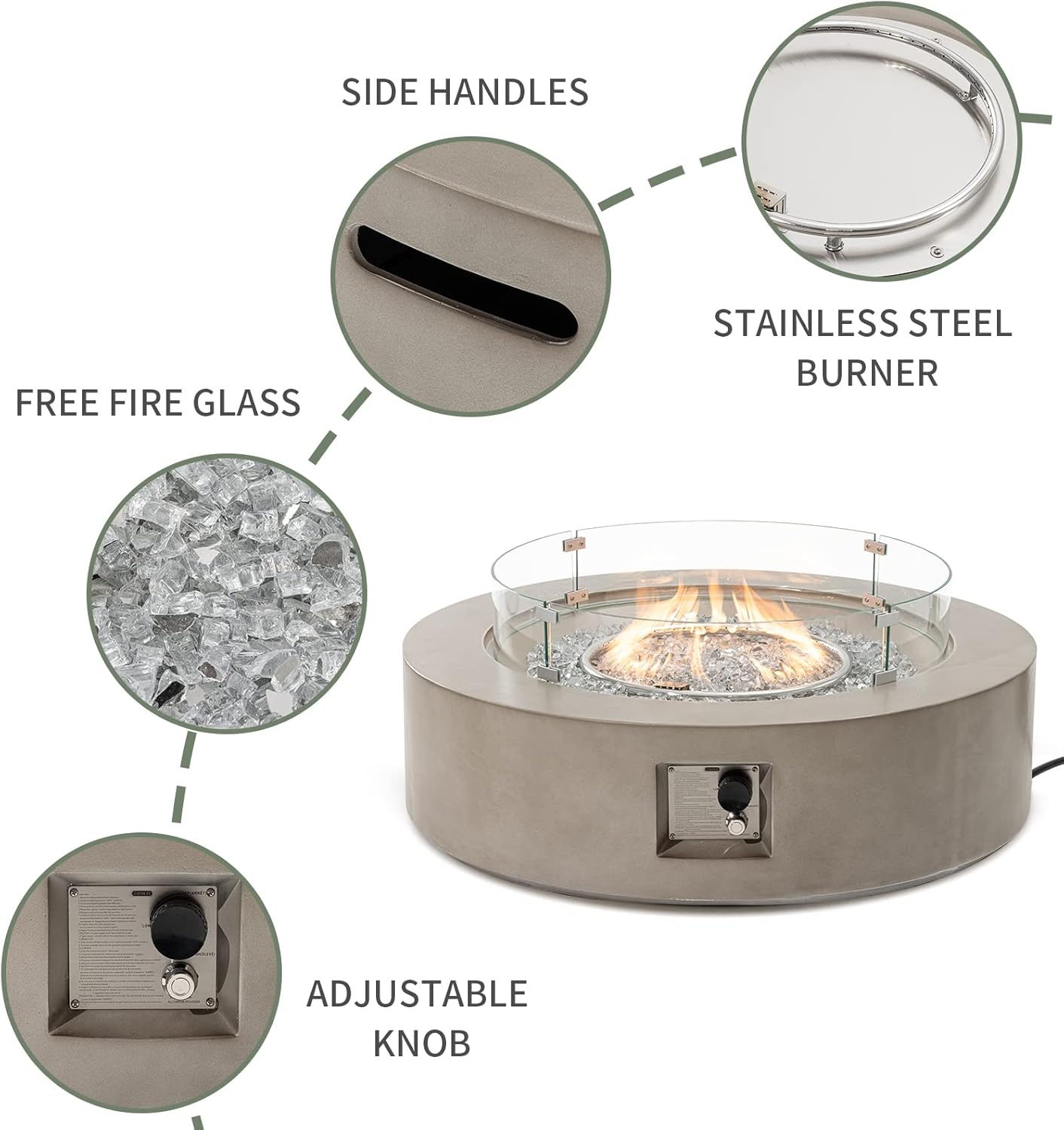 COSIEST Outdoor Propane Fire Pit Coffee Table w Gray 42 inch Round Base Patio Heater, CSA Certified, 50,000 BTU Stainless Steel Burner, Wind Guard, Transparent Gray Fire Glass, Rain Cover