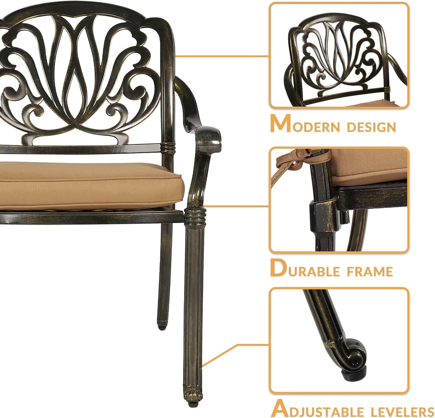 3-Piece Outdoor Patio Dining Set, All-Weather Cast Aluminum Patio Furniture Set for Backyard Garden Deck with 2 Cushioned Chairs and 35.4” Round Table, 2" Umbrella Hole