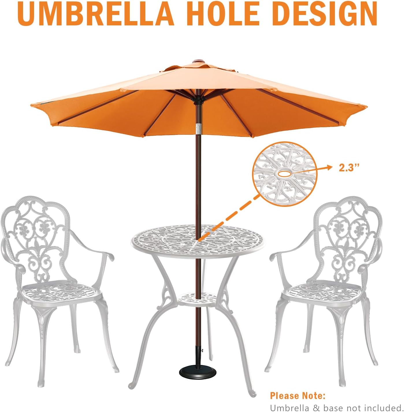 Patio Bistro Set of 2, Cast Aluminum, Outdoor Set w/Umbrella Hole, 3 Piece Table and Chairs Set, Bistro Set for Backyard/Garden/Lawn, White