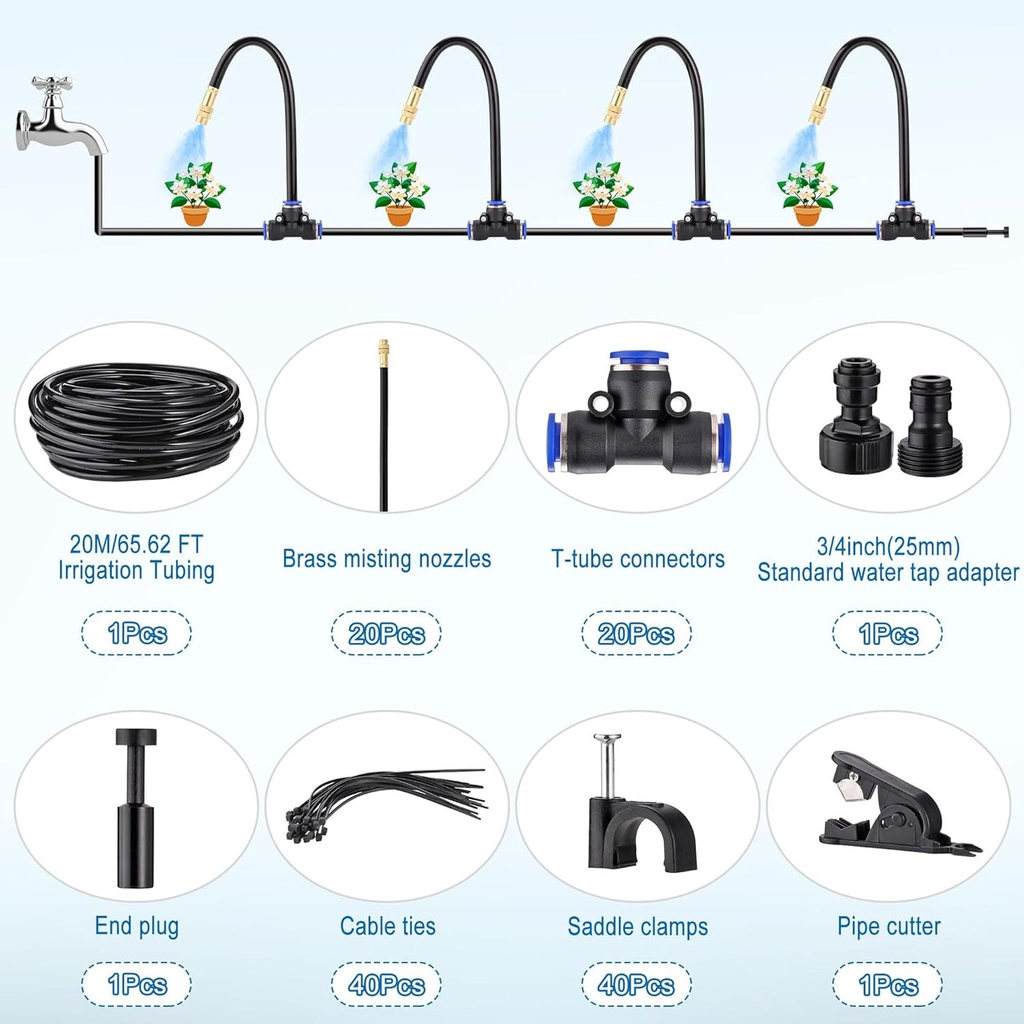 Mornajina Automatic Drip Irrigation Kits Garden Irrigation System, Includes 66FT 5/16 inch Irrigation Tubing Hose & 20Pcs 360° Bending Dropper Atomizing Mist Nozzles Tee for Garden Watering System