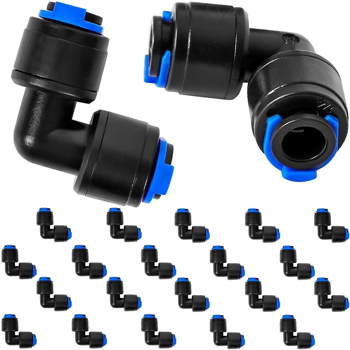 20 Pack 1/4" Universal 90 Degree Elbow Fitting, Quick Connect Universal Drip Irrigation Tubing Coupling Valve, Connector Locking Fitting for Sprinkler or Drip Irrigation System