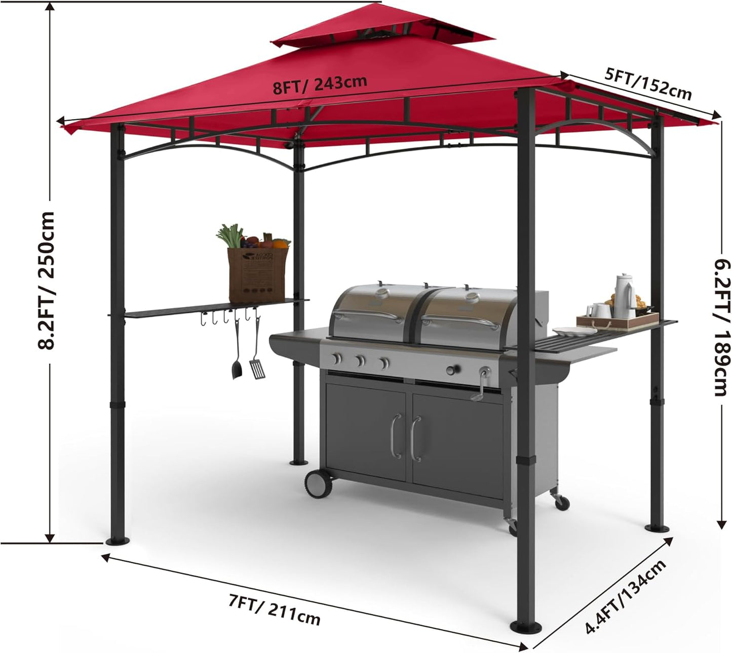 COOSHADE 8'x 5' Grill Gazebo Double Tiered Outdoor BBQ Gazebo Canopy with LED Light (Burgundy)