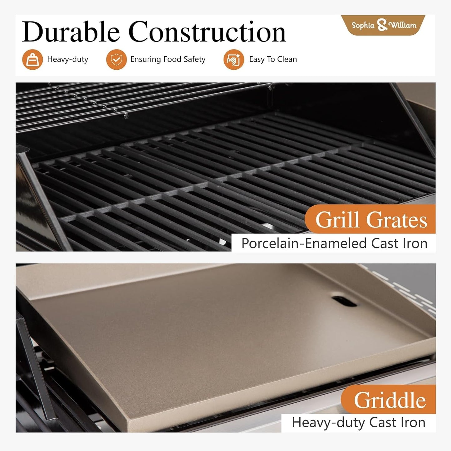 Sophia & William Propane Gas Grill and Griddle Combo with Porcelain-Enameled Cast Iron Grates, Dual Outdoor BBQ Grill with Flat Top Griddle for Barbecue, 696 SQ.IN. Cooking Area