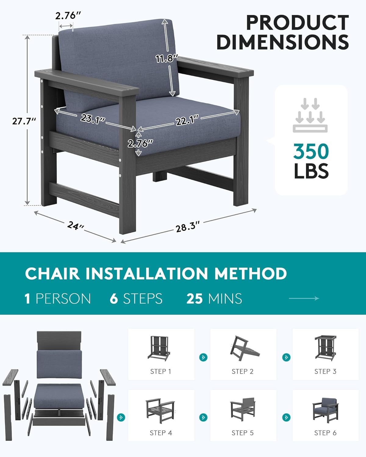 SERWALL 2 Pieces Single Cushioned Sofa Chair, Grey HDPE Outdoor Adirondack Lounge Armchair with Grey Cushion