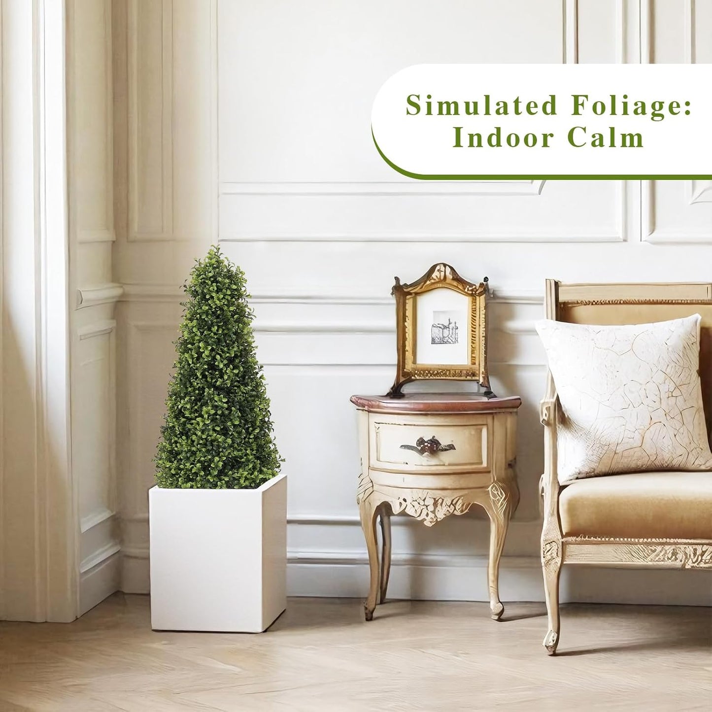 3ft Artificial Boxwood Topiary Trees (Set of 2) - UV Resistant Faux Plants Outdoor, Realistic 36in Fake Cone Bushes and Shrubs for Front Porch, Planter, Patio - Low Maintenance & Evergreen