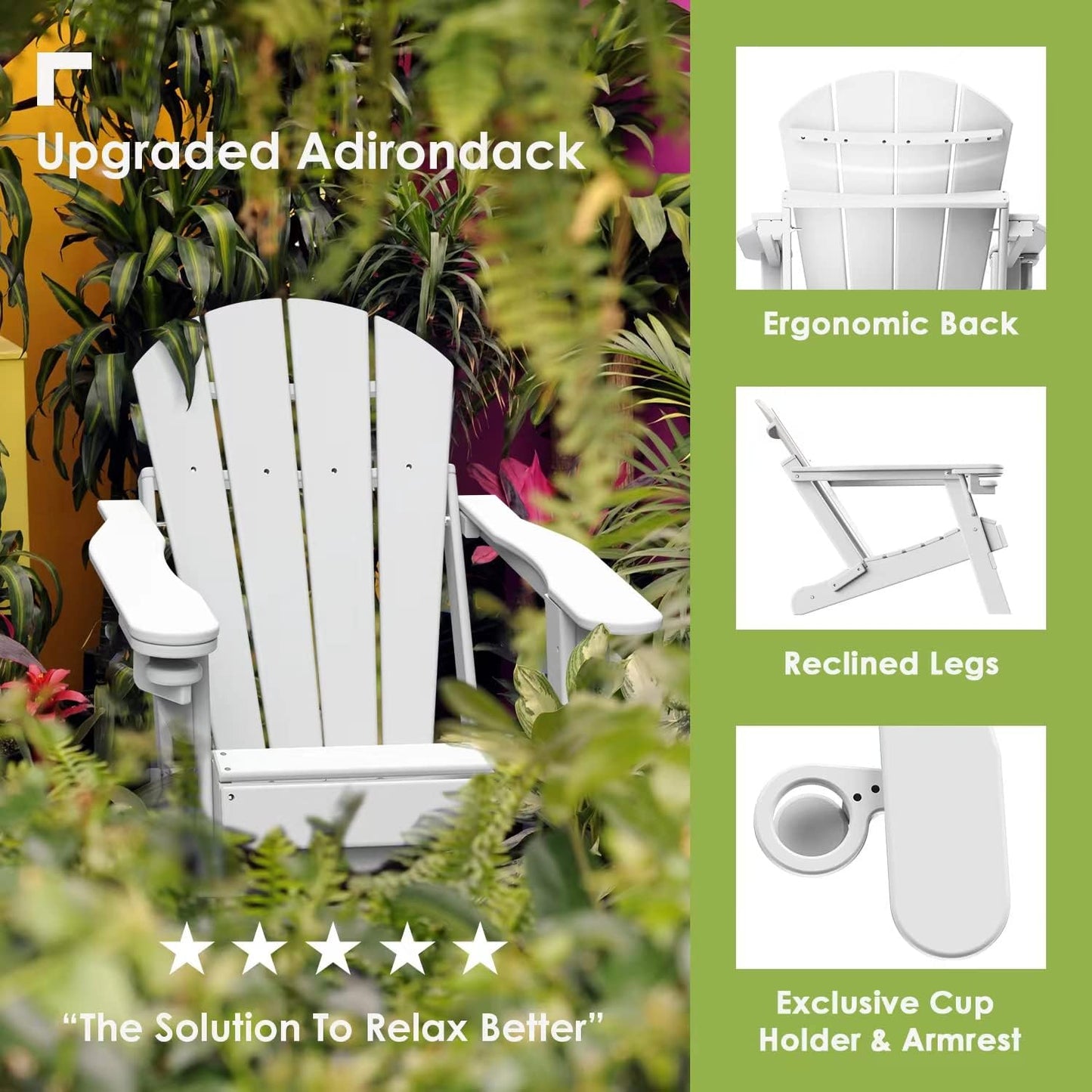 GREENVINES Folding-Adirondack-Chairs-Set-of-2 | HDPE Plastic | Fire Pit Chair | All Weather | Cup Holder | White | for Deck Backyard Patio Outdoor Garden
