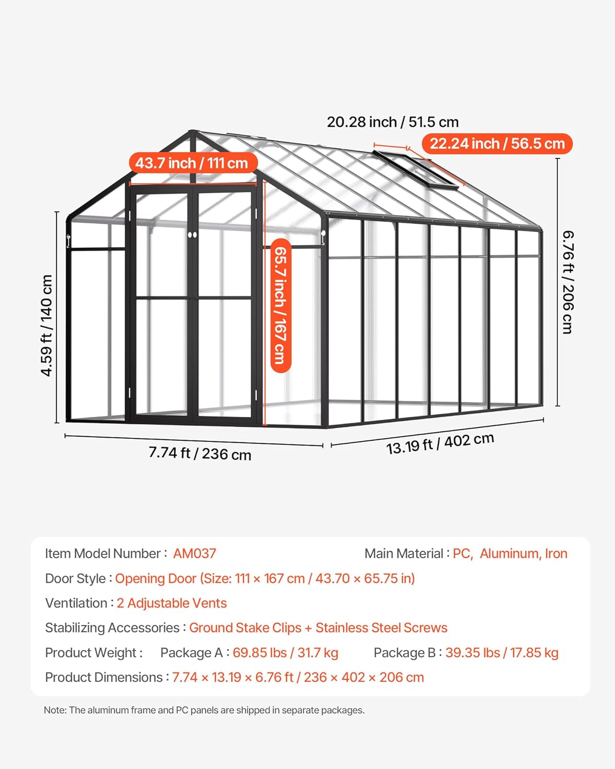 VEVOR Polycarbonate Greenhouse, 8 x 12 Ft, Outdoor Greenhouse with 2 Vent Windows, Pavilion Styled Greenhouse with Hinged Door, Aluminum Large Walk-in Greenhouse Kit for Outside Garden Backyard