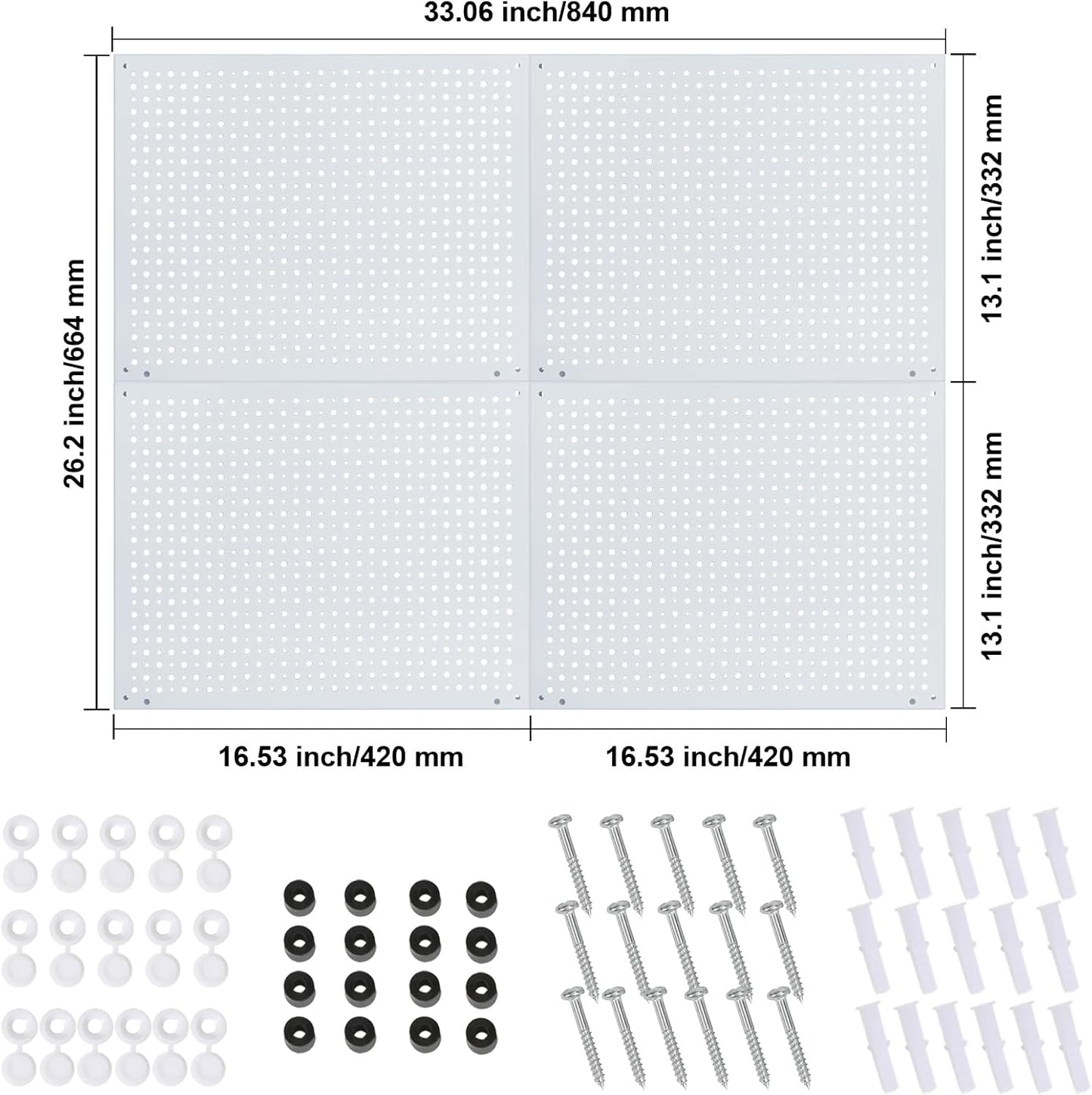 Peg Board, Heavy Duty Steel Organization Panels, Universal 1/8 and 1/4 Peg Board Accessories, Ideal for Garage Tool Storage, Pack of 4(White, 16X12)