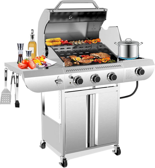 R.W.FLAME 3-Burner Propane Gas Grill With Sider Burner,304 Stainless Steel Propane Grill 34,000BTU,Multifunction & Protable Outdoor Barbecue Grill with Casters for Camping & Parties