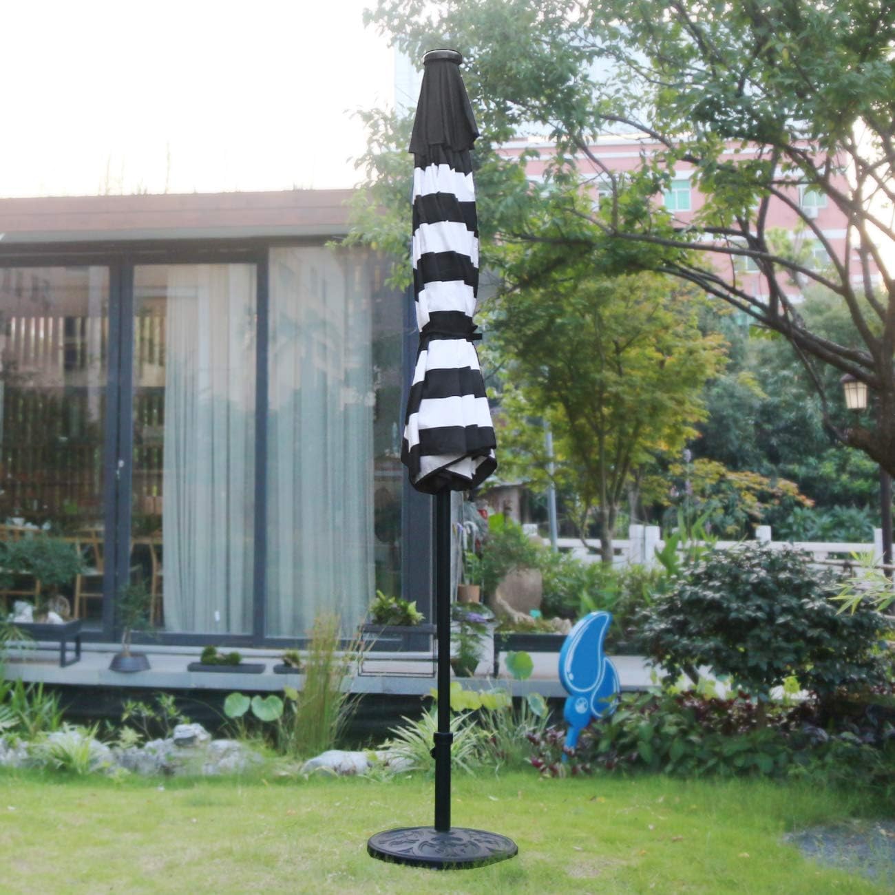 Sunnyglade 9' Solar 24 LED Lighted Umbrella with 8 Ribs Adjustment and Crank Lift System for Patio - Black and White