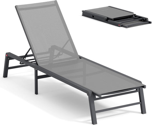 Aluminum Chaise Lounge Chair Outdoor, Foldable Patio Lounge Chair Assemble-Free, Pool Lounge Chairs with 5 Adjustable Backrest, Outdoor Lounge Chairs for Outside Poolside Beach Lawn Grey