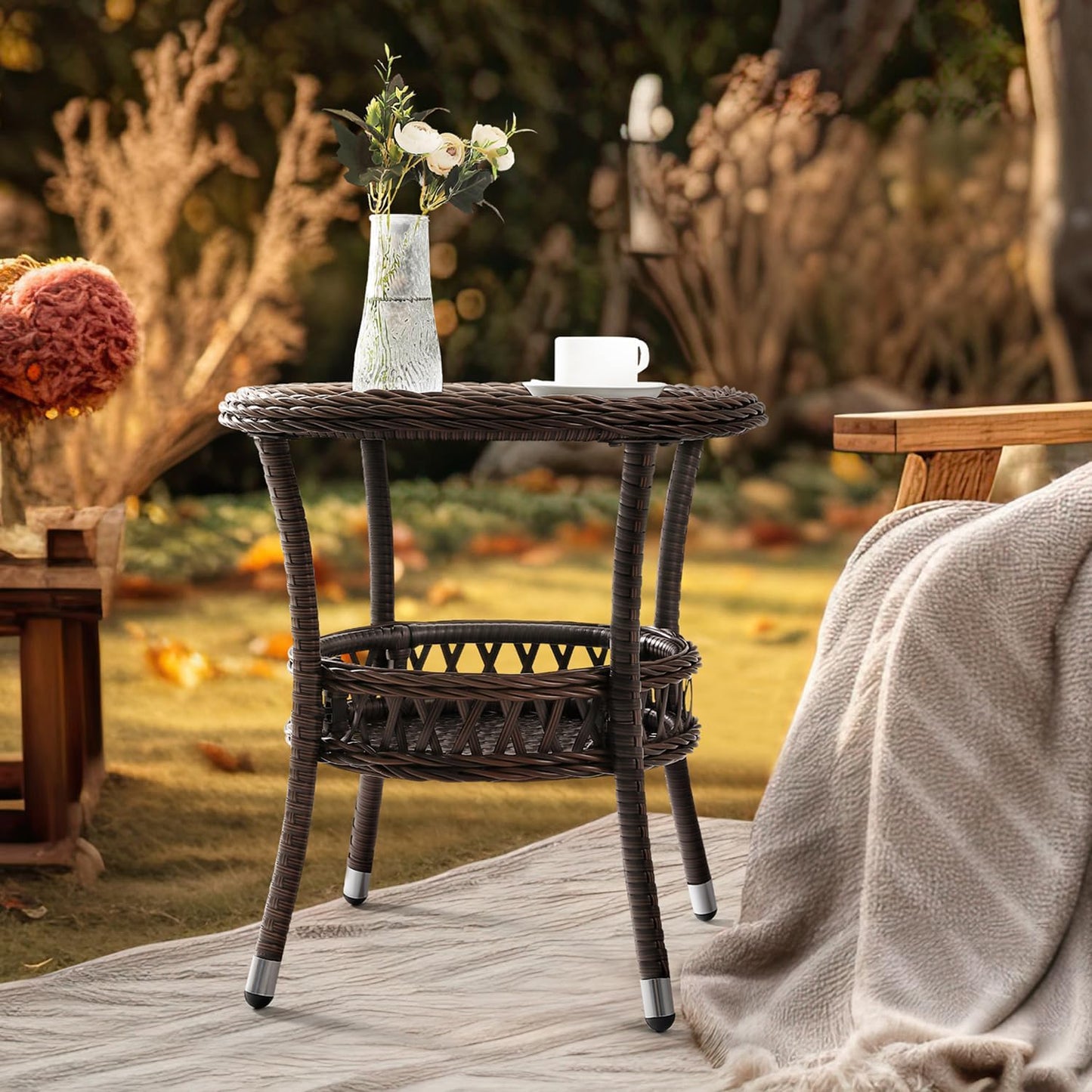 Outdoor Side Table Patio Wicker Coffee Table Outdoor End Table Rattan Bistro Table with Storage & Black Glass Table Top Round for Outside Balcony Porch Backyard Deck Brown