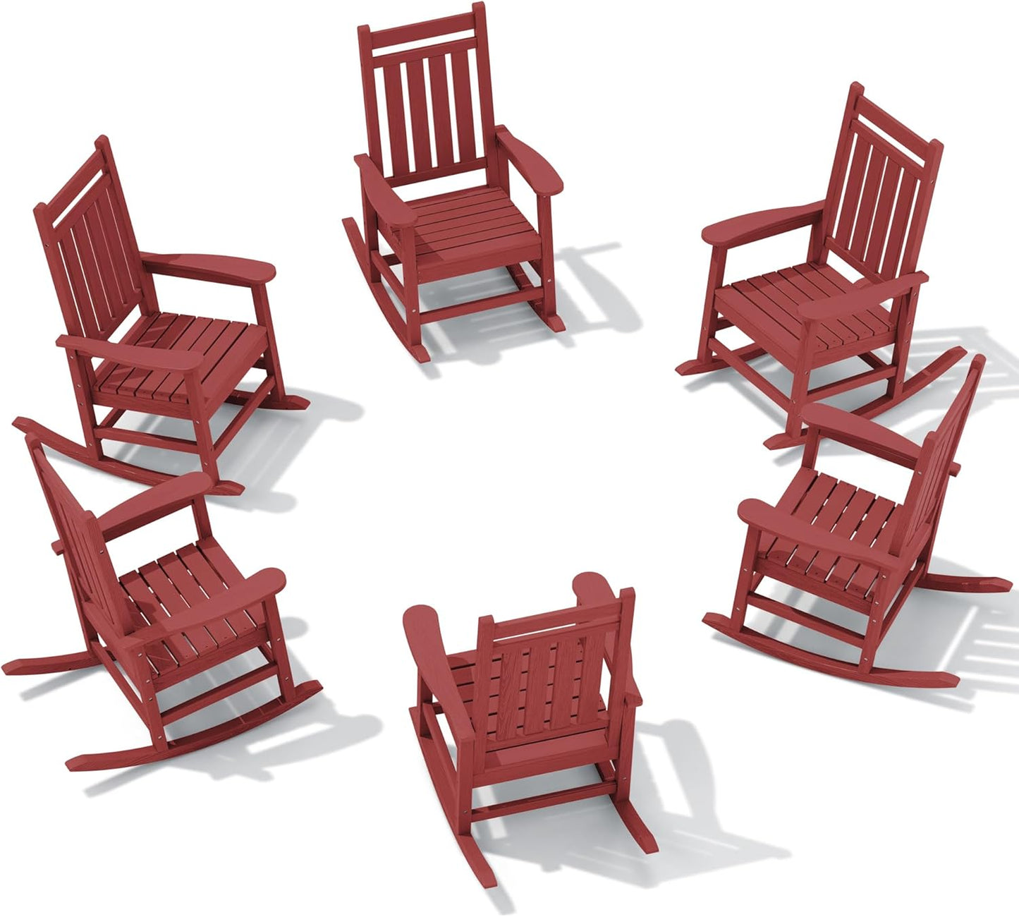 SERWALL HDPE Outdoor Rocking Chair Set of 6, Patio Rocking Chairs for Adults, All Weather Outdoor Rockers for Lawn, Crimson Red