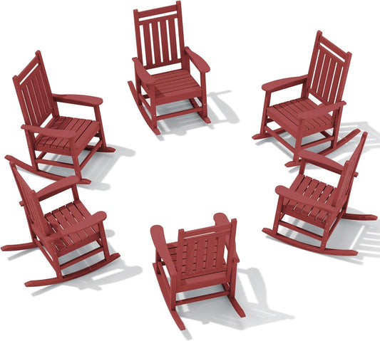 SERWALL HDPE Outdoor Rocking Chair Set of 6, Patio Rocking Chairs for Adults, All Weather Outdoor Rockers for Lawn, Crimson Red