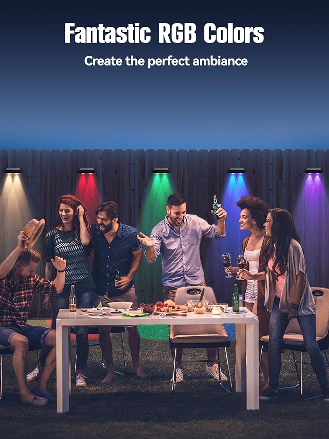 Solar Fence Lights 12 Pack, RGB Fence Solar Lights Outdoor Waterproof Led, 12 Modes Color Changing Outside Lightings Decor for Wall Railing Patio Deck Backyard Garden Pool