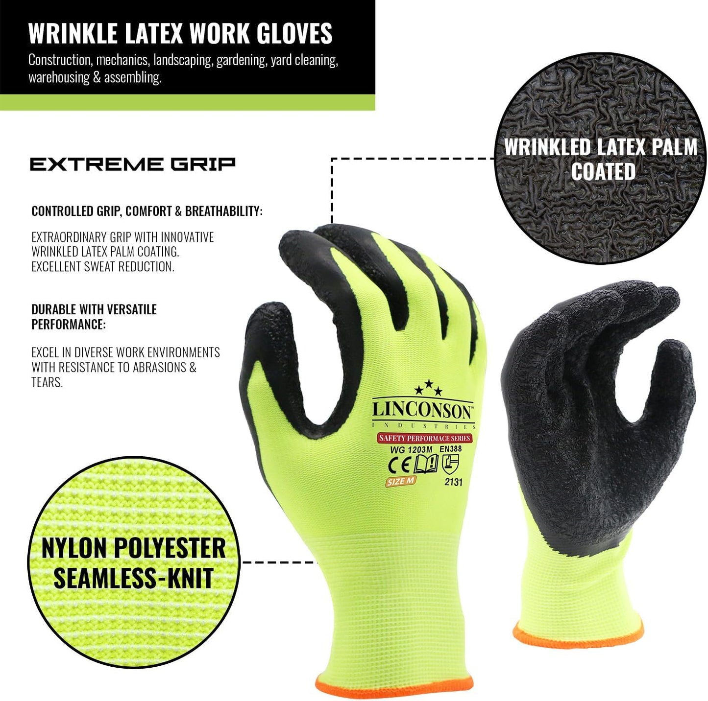 linconson 12 Pack Safety Performance Series Construction Mechanics Wrinkle Latex Work Gloves