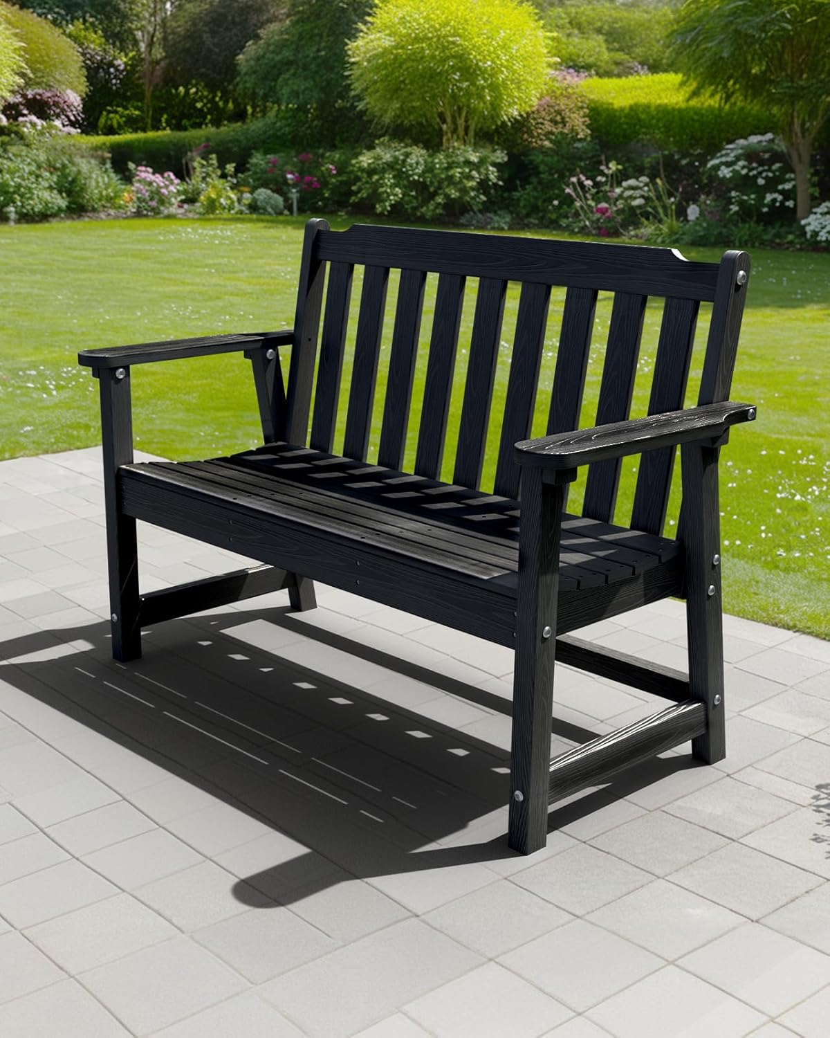 Outdoor Bench, 2-Person HDPE Garden Bench, All Weather Poly Patio Bench for Outdoors, Garden, Backyard, Porch and Park, 660 lbs Weight Capacity, Black, 2 Pack