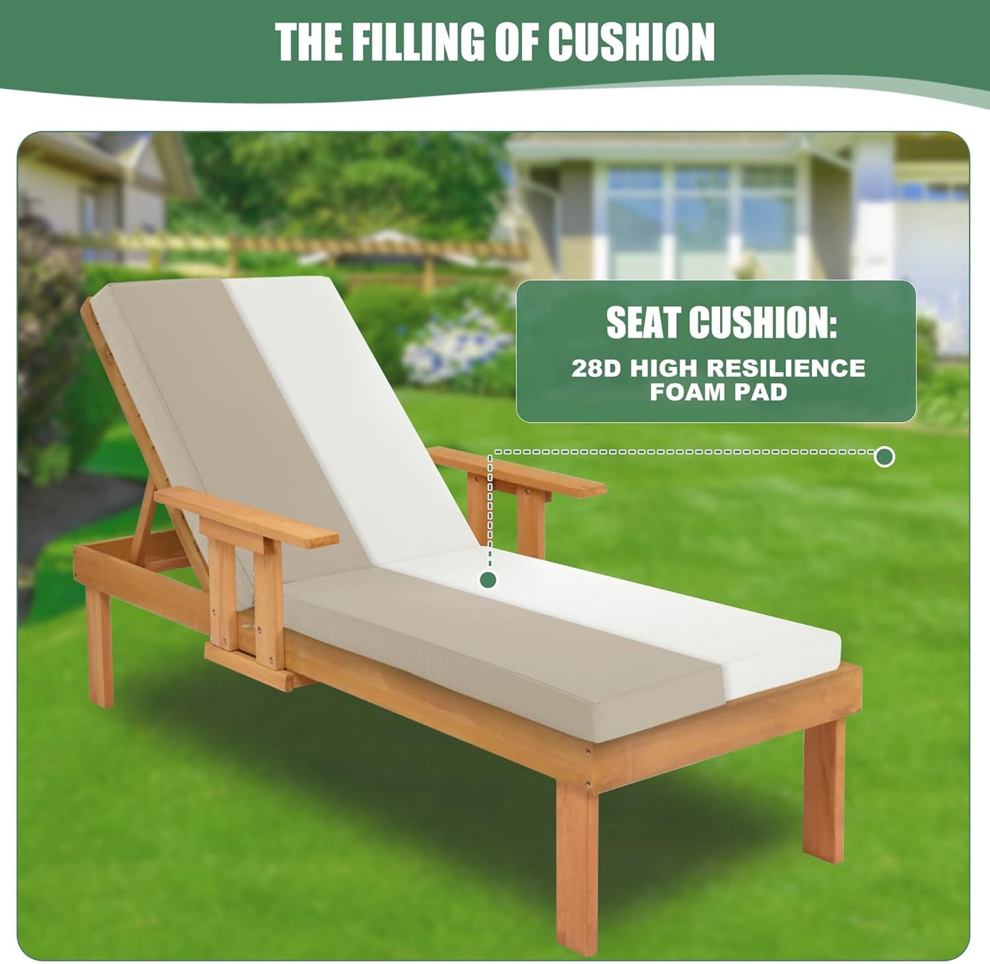 Chaise Lounge Cushions Outdoor Set of 2 - Waterproof and Fade Resistant Sun Lounger Replacement Cushion - Patio Lounger Pads with Removable Cover for Pool, Deck, Lawn, 80 x 26 x 3 Inch, Cream