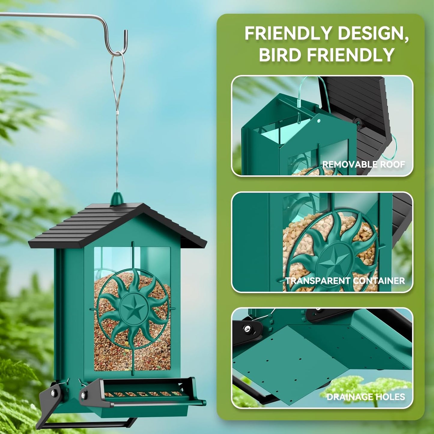 Squirrel Proof Bird Feeders for Outdoors, 5LBS Large Capacity Metal Wild Bird Feeder with Bilateral Weight-Activated Perches, Anti Squirrel Bird Feeders for Outside Finch, Cardinal, Blue Jay (Green)