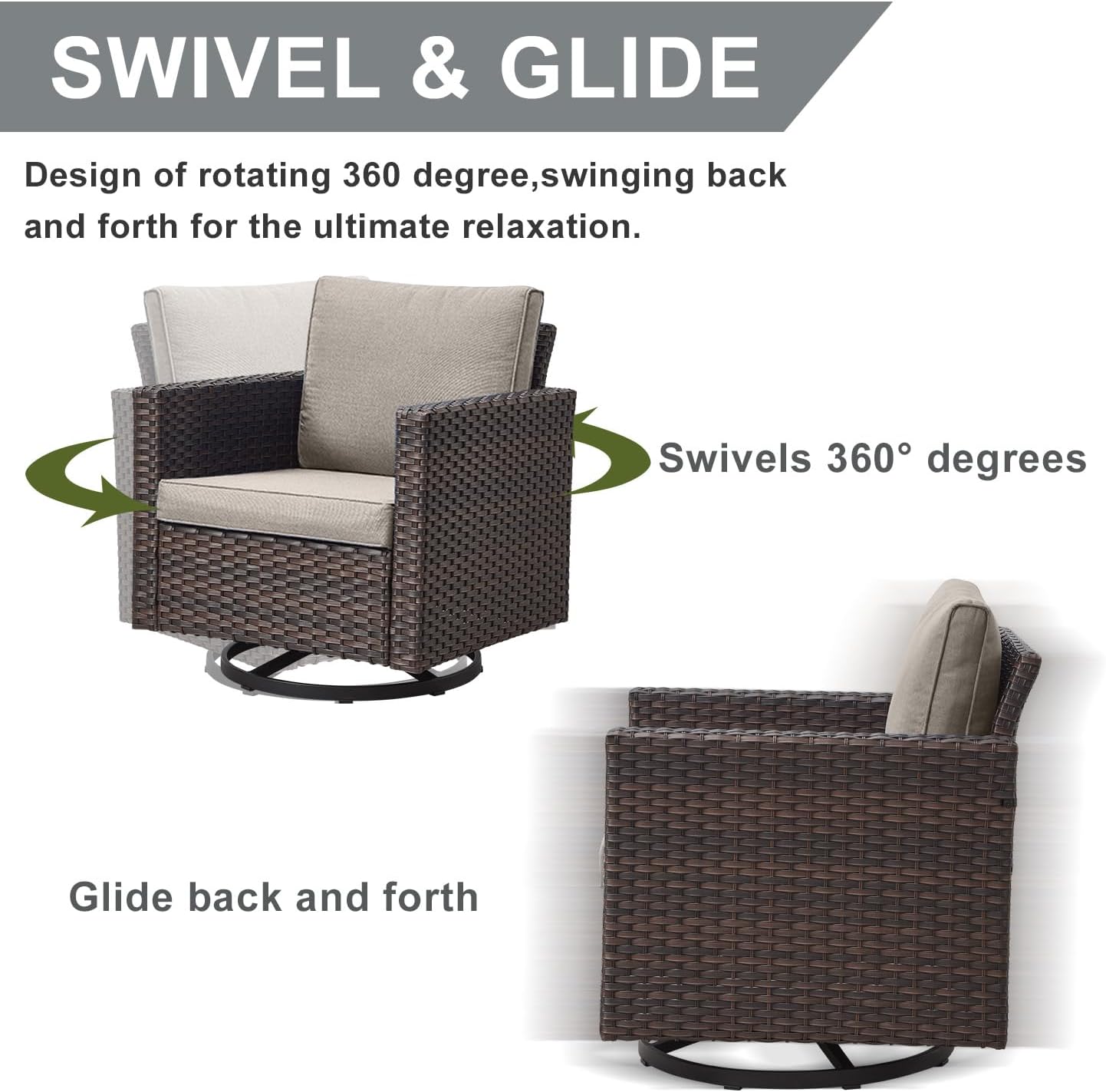 HUMMUH 3-Piece Patio Swivel Chairs,PE Wicker Outdoor Rocking Chairs Bistro Set with Side Table Porch Balcony Furniture with Cushions