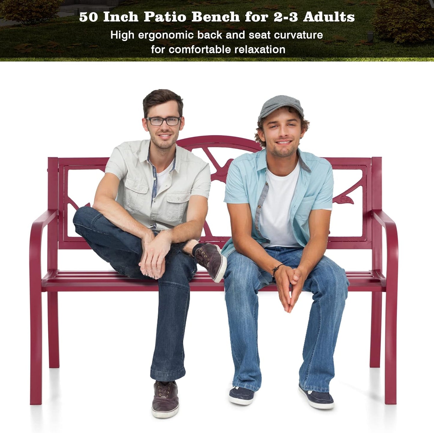 PHI VILLA Outdoor Patio 50" Metal Park Bench Red, Steel Frame Bench with Backrest and Armrests for Porch, Patio, Garden, Lawn, Balcony, Red Bird