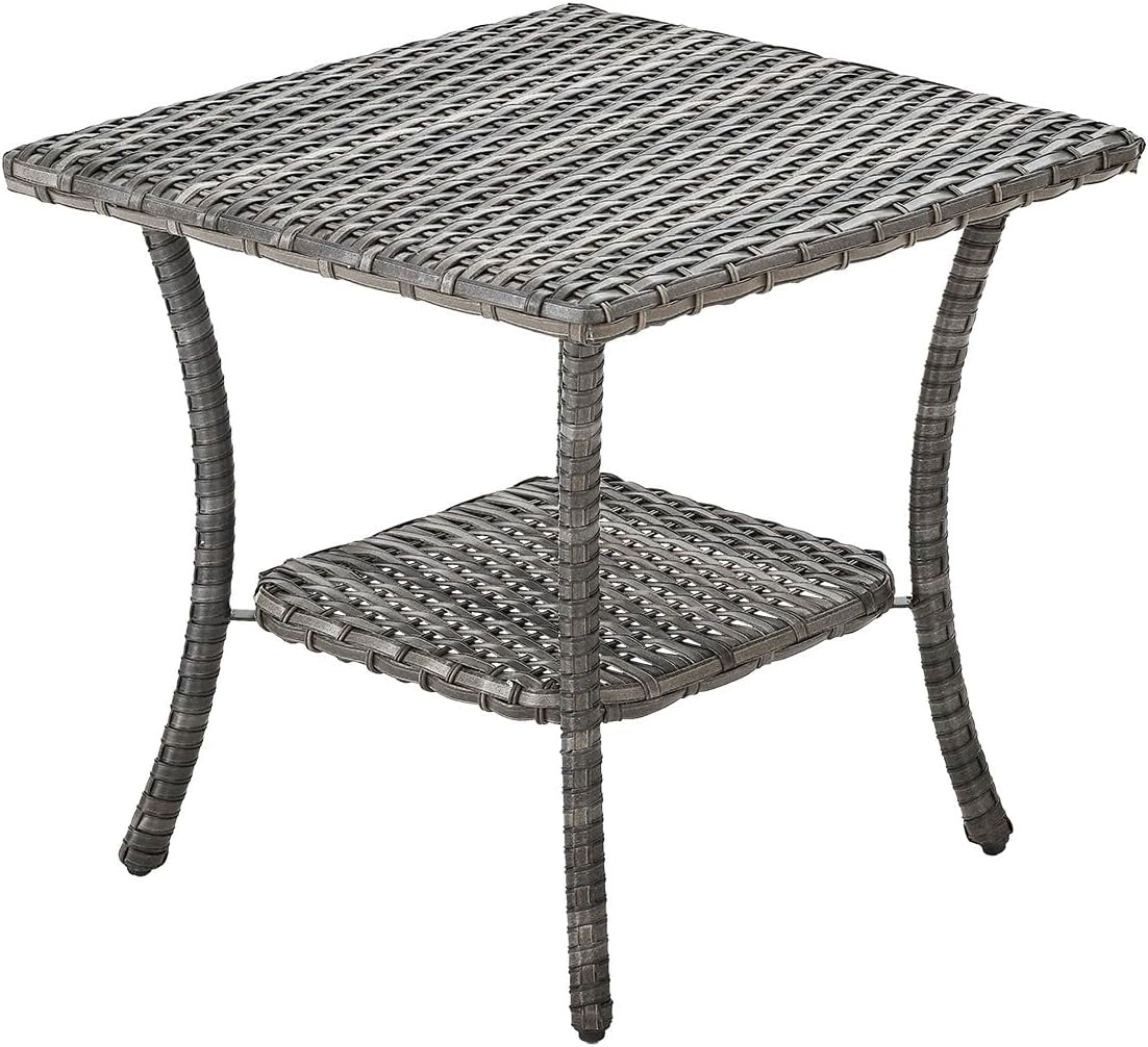 Patio Tables Outdoor Coffee Table - Wicker Rattan Side Tables with 2-Tier Storage Shelf End Table for Porch Deck Balcony Garden Outside Square Mixed Grey