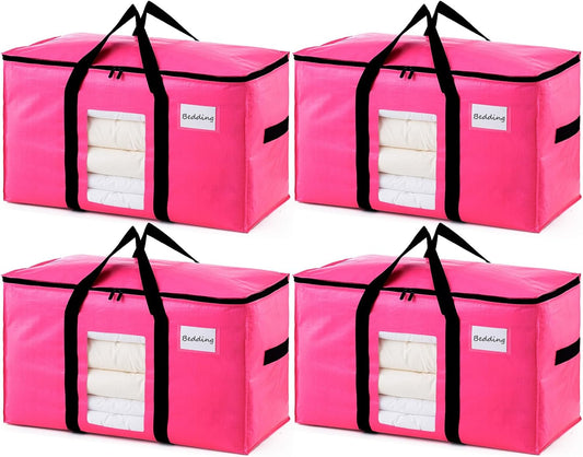 TAILI 4 Pack Pink Extra Large Moving Bags, Heavy Duty Totes with Visible Window, Wrap Around Handles, Great for Storage, Space-Saving