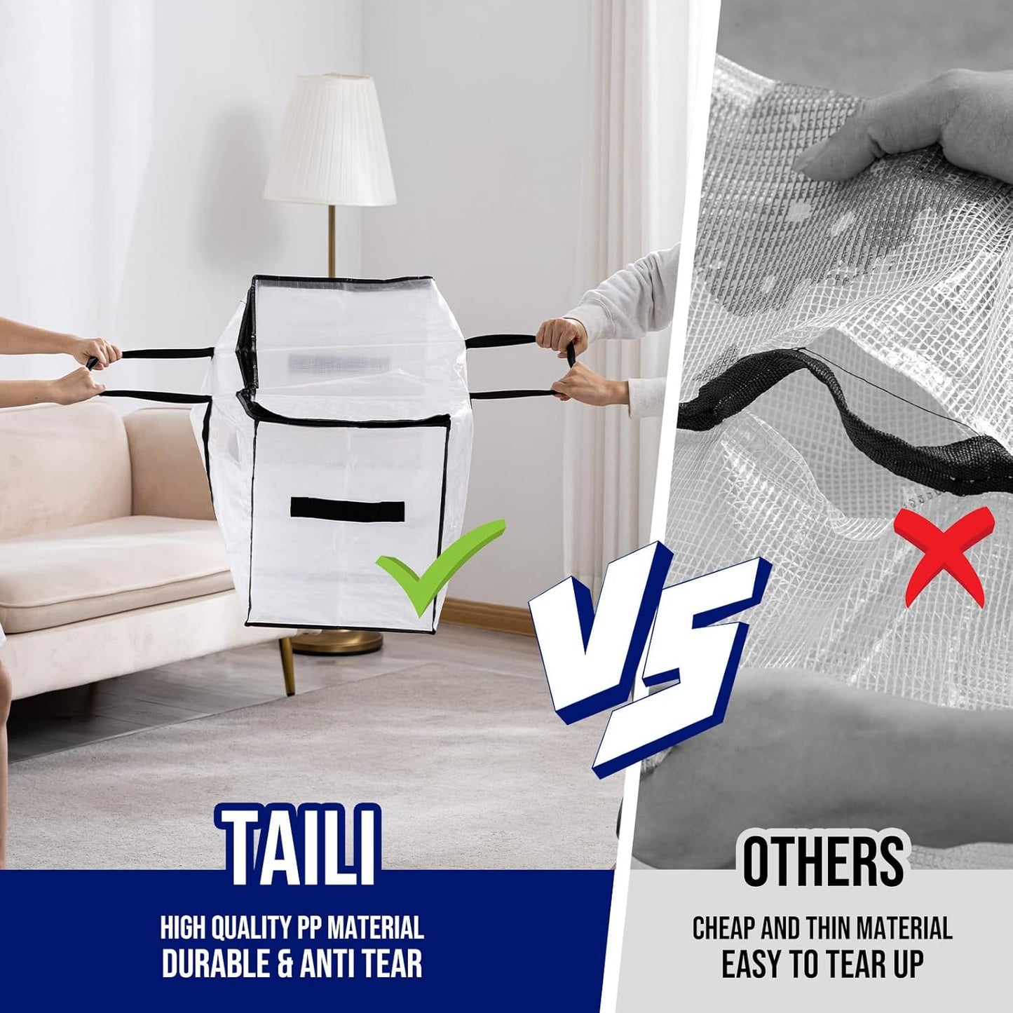 TAILI Extra Large Moving Bags, 12 Pack Clear Heavy Duty Totes For Storage with Visible Window, Wrap Around Handles, Storage Bags for Space Saving, Alternative to Moving Boxes