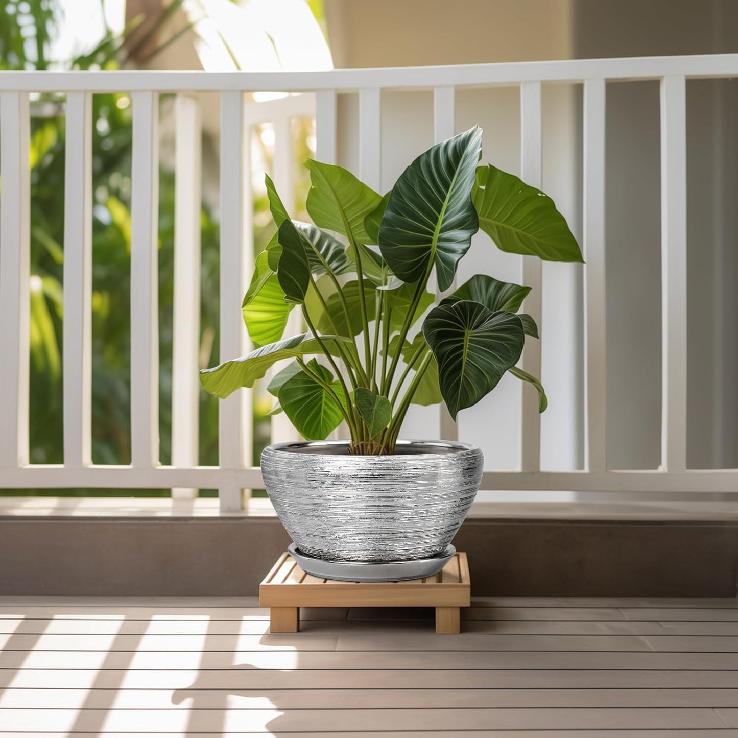 Flower Pot for Indoor Plants - Ceramic Planter 11 Inch Plant Pot with Drainage Hole and Saucer Large Decorative Planter Outdoor Mid-Century Planter for House Decor Silver